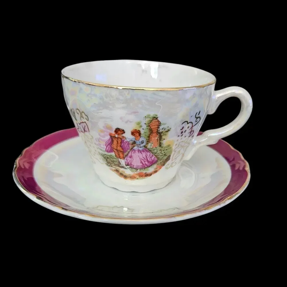 Vintage 13 Pc Japanese Lusterware Tea Set Purple Trim Courting Scene Porcelain